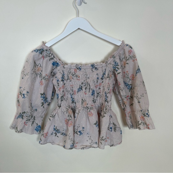 Saylor Clover Floral Smocked Peplum Top Pink 3/4 Puff Sleeves Ruffle Size Small - Picture 7 of 7